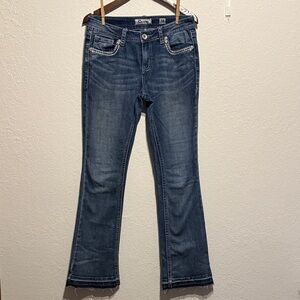 Charme Indigo Boot Cut Jeans Two Tone Raw Hem Distressed Embroidered Pockets 28